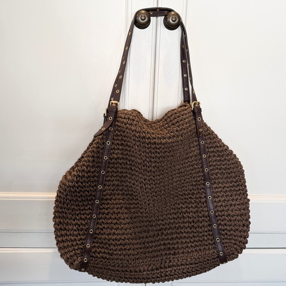 Lauren Ralph Lauren Brown Crochet Paper Straw Hobo Shoulder Bag Tote Large - Picture 2 of 13